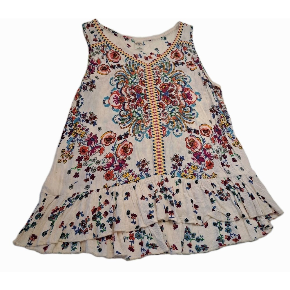Bila Floral Tank Top Women's M Ruffle Hi Low Hem‎ Boho Trim India Festival